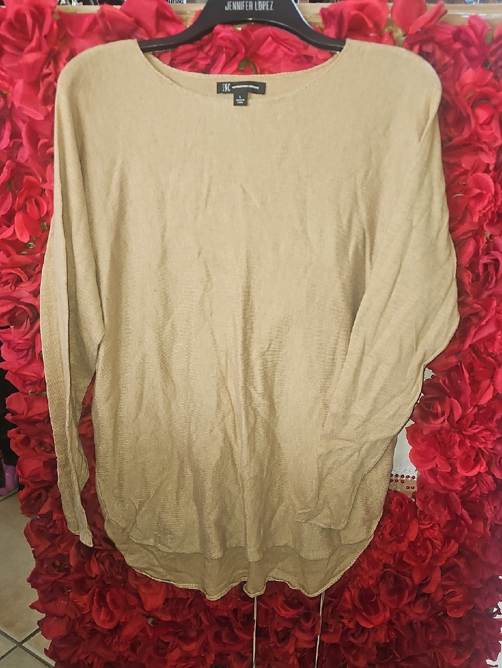 INC International Concepts Tan Knit Thin Sweater Hi-Lo Size Large LIKE NEW